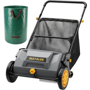 21" Push Lawn Sweeper with 103L Mesh Collection Hopper Bag,200L Leaf Bag, 4 Adjustable Height Spinning Brushes Quick Cleaning for Leaves and Grass, Grey