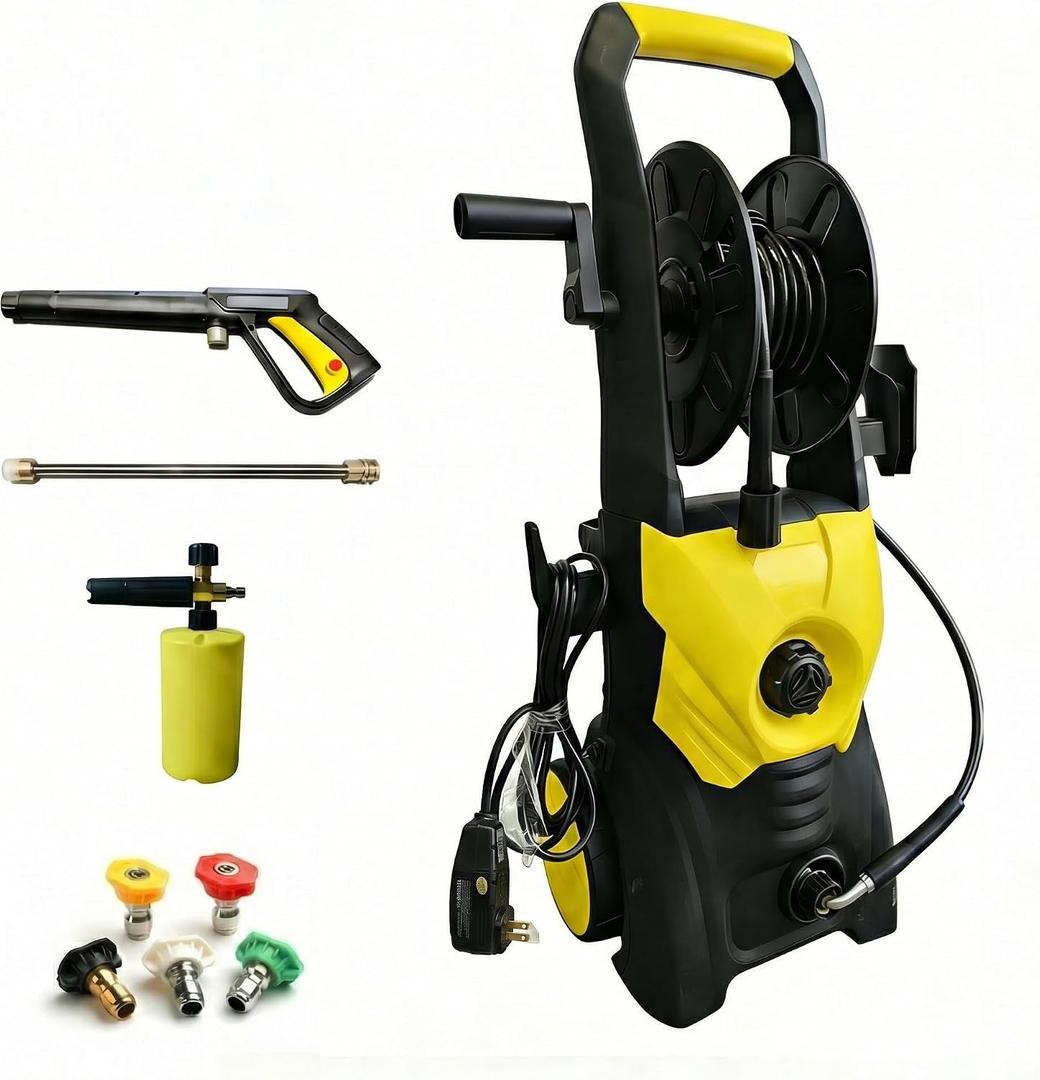 Pressure Washer 2000 PSI with Hose Reel, 1625W Plug-in, Includes 5 Nozzles and Foam Pot, Leak-Proof, for Cars Driveways Patios Garden - Yellow