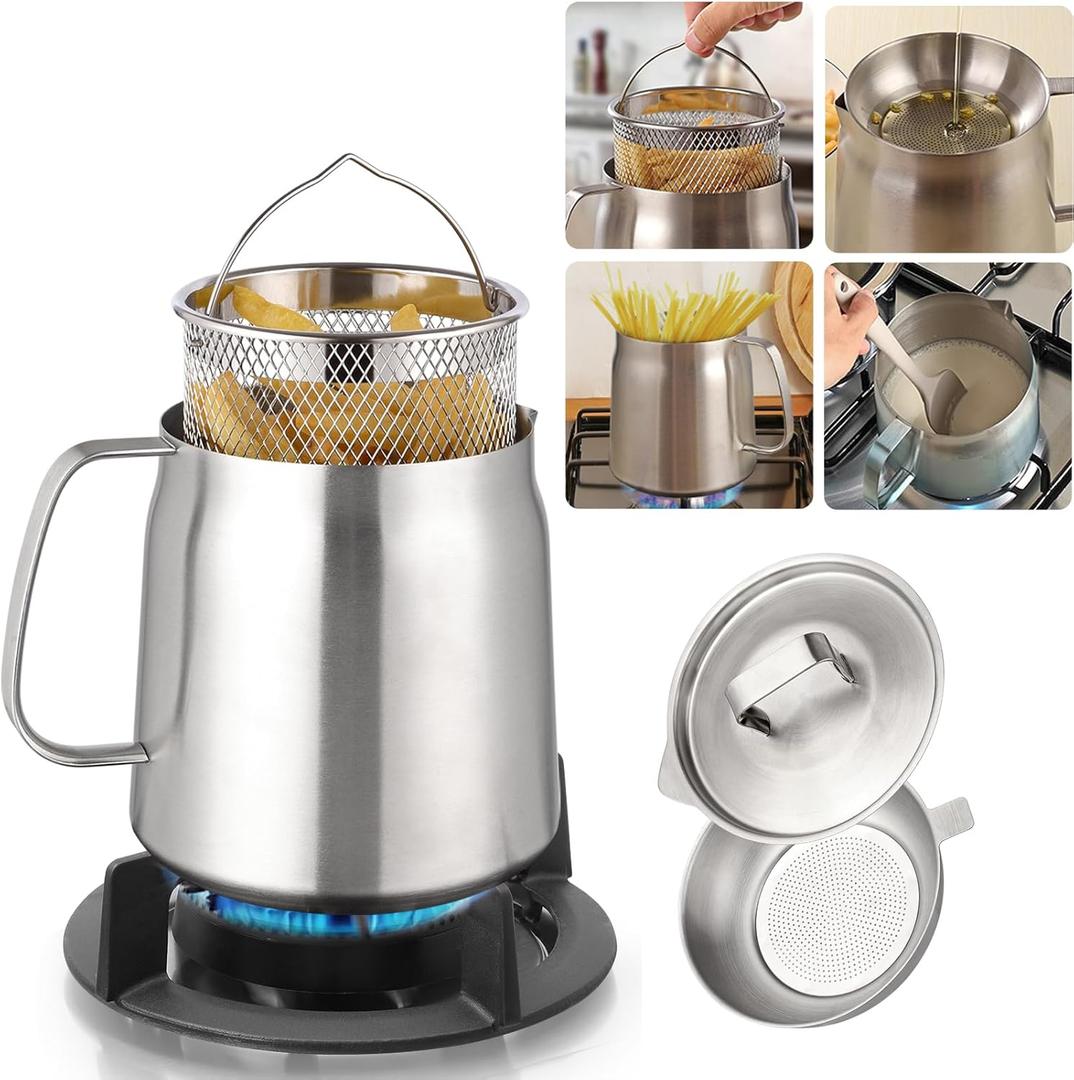 Oxydrily Deep Fryer Pot with Basket and Oil Strainer, 304 Stainless Steel Pour Fryer for French Fries/ Japanese Tempura, Small Versatile Frying Pot for Kitchen Oil Filter/ Grease Container/ Cooking 2L/ 2Qt