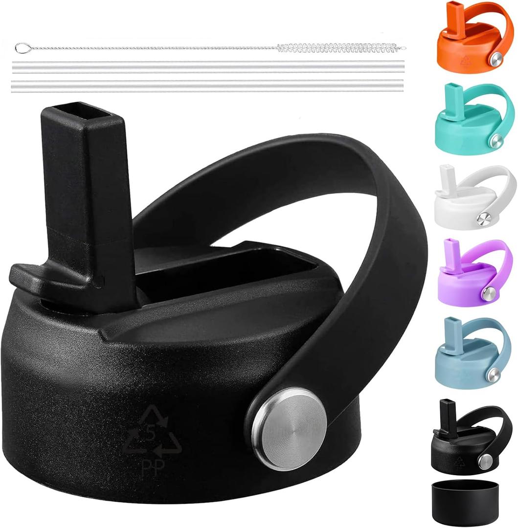 Lids with Straw for Hydroflask Wide Mouth 20 32 40 oz, Flex Straw Lid Fit for Hydro Flask Sports Water Bottles, Flexible Handle Replacement Lid Straws Cap Top Accessories (1 PCS, Black)