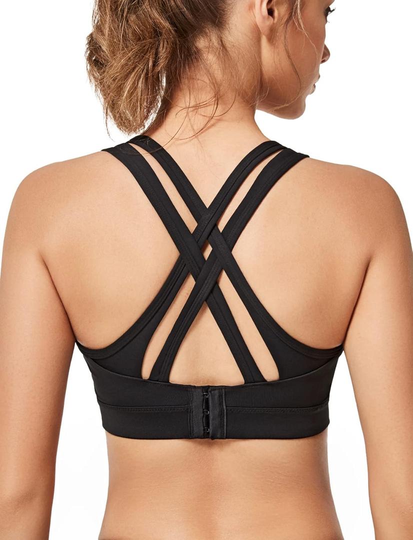 Yvette Women High Impact Sports Bras Criss Cross Back Sexy Running Bra for Plus Size (Black + Double Thin Strap + High Impact), Large