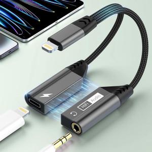 iPhone Headphone and Charger Adapter 2-in-1 Magnetic Lightning to 3.5mm AUX Audio + Lightning Charger Dongle Splitter for iPhone 14/13/12/11 Pro Max/Pro/Plus/Mini/XR/XS/8/7/6 Plus (Grey)