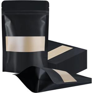 100 Pcs Resealable bags,3.5" x 5.5" Stand Up Black Kraft Paper Bags with Matte Window, Zip Lock Food Storage Bags for Packaging Products, Reusable, Sealable