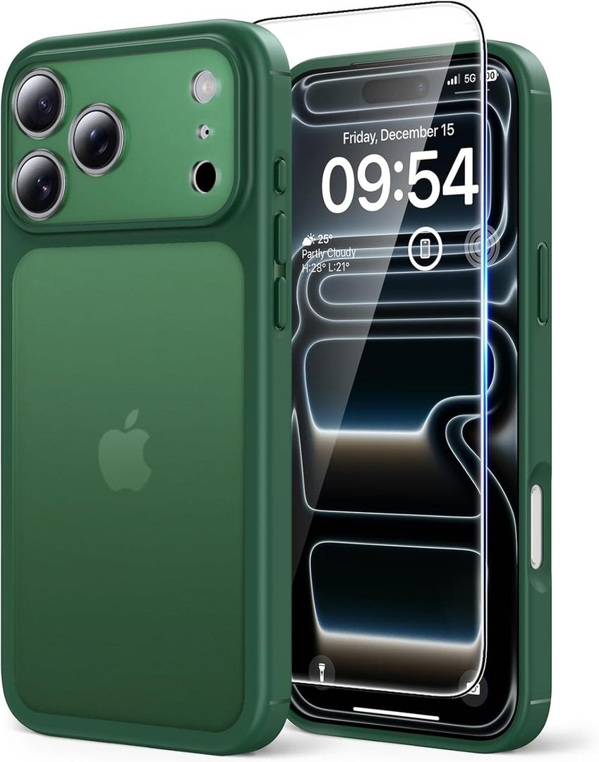 TAURI for iPhone 17 Pro Max Case, Full Camera Protection with Screen Protector, Translucent Matte Military-Grade Protection Shockproof Slim Phone Case for iPhone 17 ProMax, Matte Green