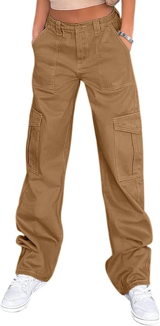 Lepunuo Cargo Pants for Women High Waisted Casual Pants Baggy Stretchy Wide Leg Y2K Streetwear with 6 Pockets (Small, Brown)