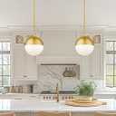 LMS 8 Inch Mid Century Pendant Lights, Brushed Gold Kitchen Island Light Fixtures with White Globe Glass Shade, Adjustable Hanging Rod, 3-Pack for Home Office Dining Room Bathroom, LMS-186BG3PK