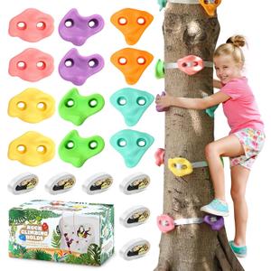 TOPNEW 12 Ninja Tree Climbing Holds for Kids Climber, Tree Climbing Kit with 6 Ratchet Straps for Outdoor Ninja Warrior Obstacle Course Training, Pastel Color