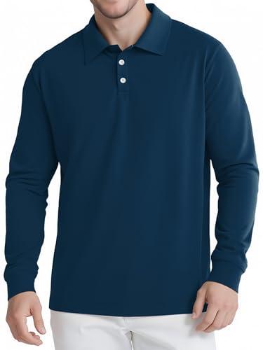 VVWVO Men's Long Sleeve Polo Shirts for Men, Casual & Work Golf Polo Shirts with Split Hem,Stylish Collared Shirt Light Blue, Large