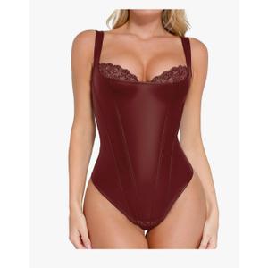 Popilush Leather Corset Tops for Women - Tummy Control Lace Shapewear Body Suits Thong Body Shaper