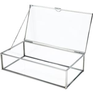 HighFree Vintage Glass Box with Lid - Clear Jewelry Glass Display Box Keepsake Box - Home Decor Decorative Box for Trinket Rings Bracelet (Silver, Medium)