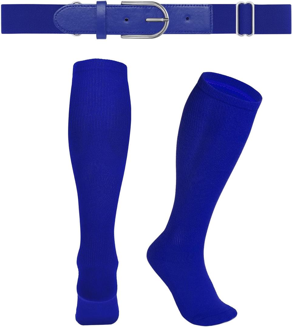 WERFORU Baseball Belt and Socks Combo Set Elastic Baseball Belt and Socks Softball Belts and Socks for Adults and Youth (Blue)