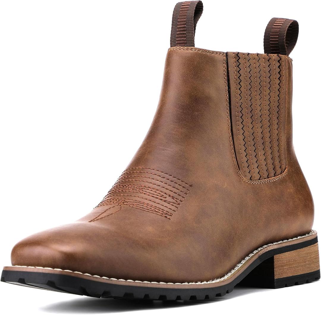 JASONSTAR Cowboy Boots for Men Square Toe, All-Weather Slip-On Work & Casual Western Chelsea Boots -botines para hombre (8, Brown)