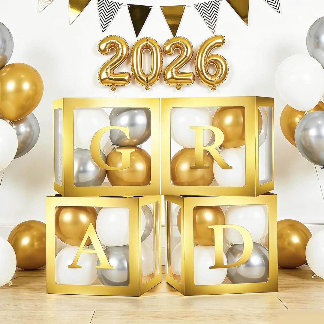Lovelite 2026 Graduation Decorations Balloon Boxes, 4pcs Transparent Baby Boxes with 60 Letters & Numbers, Gold Boxes for College School Grad Prom Party Baby Shower Birthday Wedding Supplies