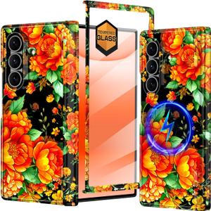 Hekodonk for Galaxy Z Fold 7 Case,[Compatible with MagSafe][Built-in Screen Protector][Hinge Protection],Magnetic Slim Shockproof Women Girls Case for Samsung Galaxy Z Fold 7,Orange Flower