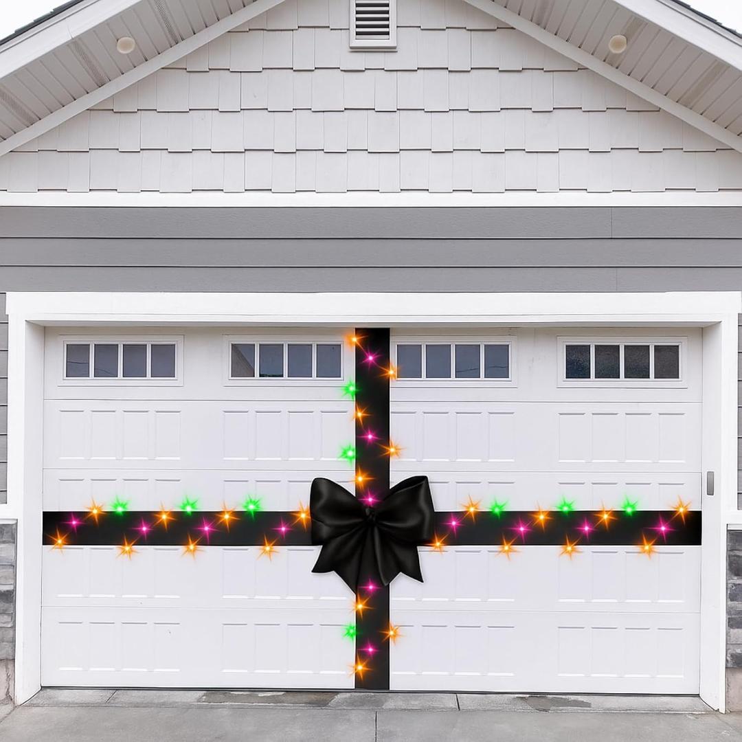 Giant Christmas Garage Door Bow Decoration with Light Large Velvet Christmas Ribbon Bow Garage Door Banner Cover for Xmas Indoor Outdoor Home Party Decoration, 26.25 x 11.81 ft(Black)