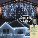 KNONEW Christmas Lights Outdoor Decorations 400 LED 33ft 8 Modes Curtain Fairy String Light with 75 Drops, Clear Wire LED String Light Decor for Wedding Party Holiday Christmas Decorations(Cool White)