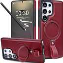 for Samsung Galaxy S25 Ultra Leather Case with Stand, Anti-Slip Grip Ring, Fits for MagSafe (Burgundy, S25 Ultra-6.9inch)