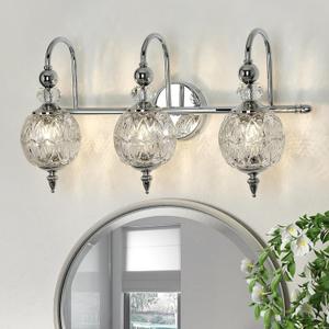 Modern Bathroom Light Fixtures Polished Chrome Vanity Light with Glass Globe LampShade 3 Lights Mid Century G9 Bulb Wall Sconce Indoor Vanity Light Over Mirror for Bedroom Kitchen Hallway (Silver)