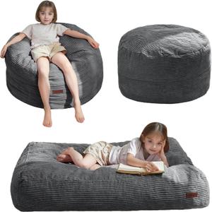 MAXYOYO Bean Bag Chair Bed for Kids, Convertible Bean Bag Folds from Lazy Chair to Floor Mattress Bed, Machine Washable Corded Fabric, Stuffed Floor Sofa Couch for Boys and Girls, Dark Grey