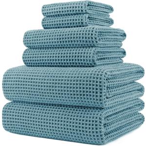 POLYTE 430 GSM Microfiber Quick Dry Lint Free Oversize Bath Towel Set, 6 Piece (Waffle Weave) (Green)