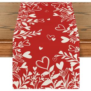 Artoid Mode Red Heart Love Plant Valentine's Day Table Runner, Seasonal Kitchen Dining Table Decoration for Home Party 13x120 Inch
