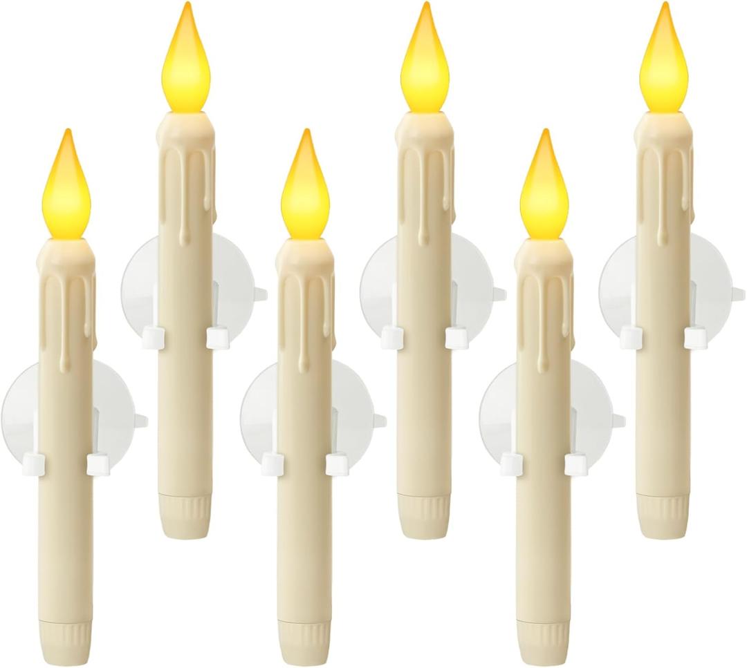 6 Pcs Sensor Dawn to Dusk Window Candles, Flickering Battery Candles for Windows, Ultra Bright Fake Candle Lights with Suction Cup, Led Candlesticks for Xmas Home Decor, Warm Yellow Light