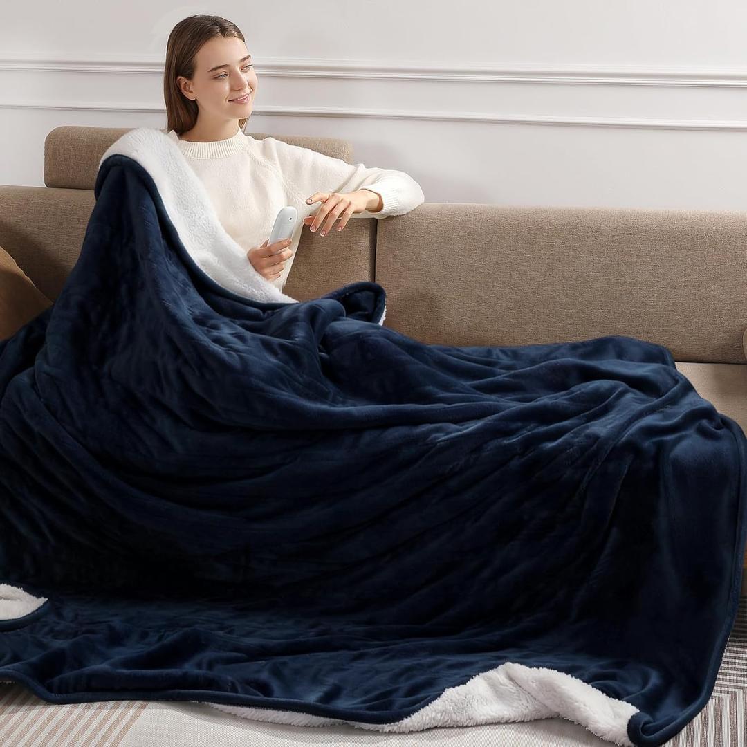 Electric Blanket Twin Heated Blanket 62''X84'', Fast Heating Blanket Soft Flannel & Fluffy Sherpa with 5 Heating Level and 10 Hours Auto-Off, ETL/FCC Certified, Warm Gifts for Loved one, Navy Blue
