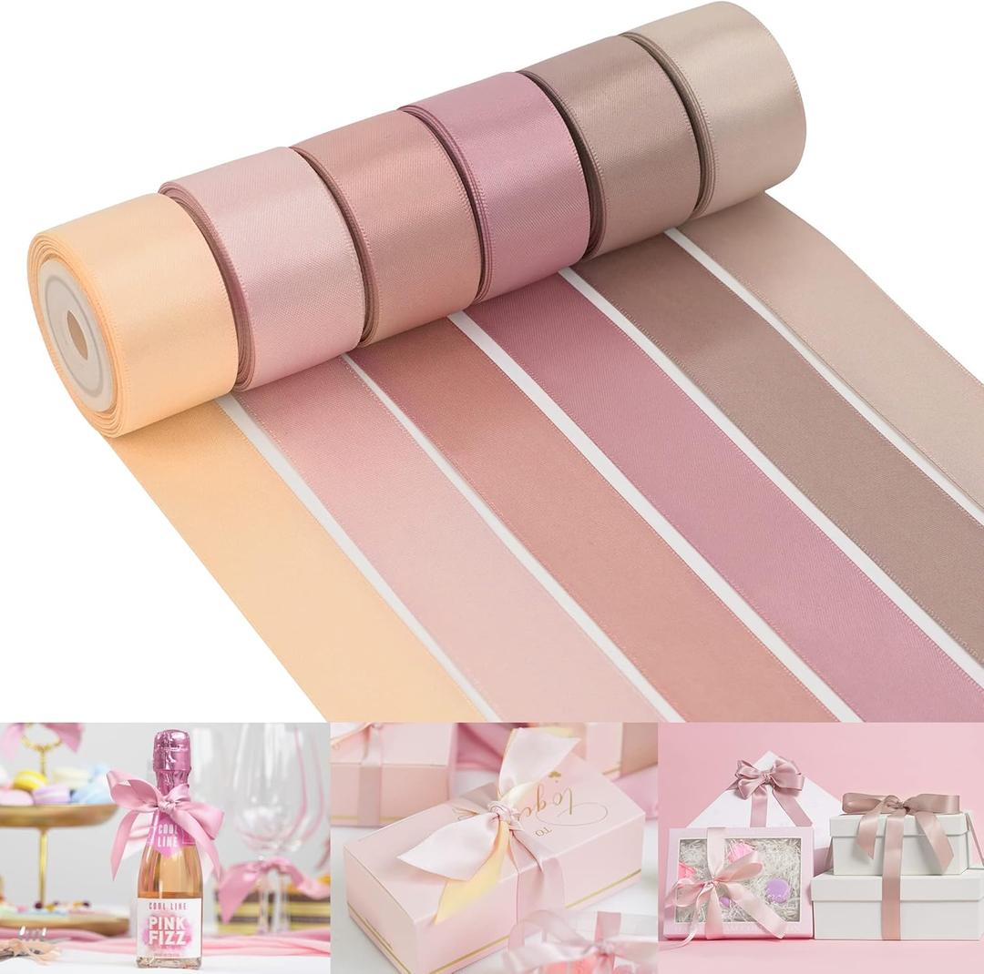 HUIHUANG Dusty Rose Wedding Ribbon Double-Faced Satin Ribbon Assortment 1" Wide Rose Pink Silk Ribbons for Gift Wrap Wedding Bridal Baby Shower Decor Flower Bouquet Crafts- 6 Colors X 5 Yards Each