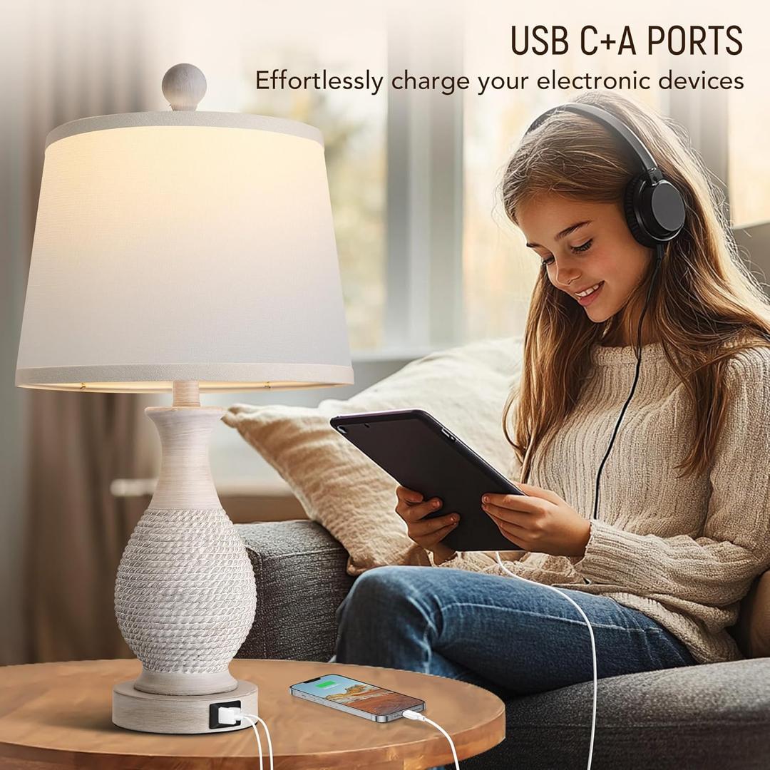 PARTPHONER Traditional Table Lamp, Bedside Touch Lamp with USB C+A Charging Ports, Rustic Farmhouse Table Lamp for Living Room Bedroom, Side Table Lamp with White Fabric Shade, Antique Grey
