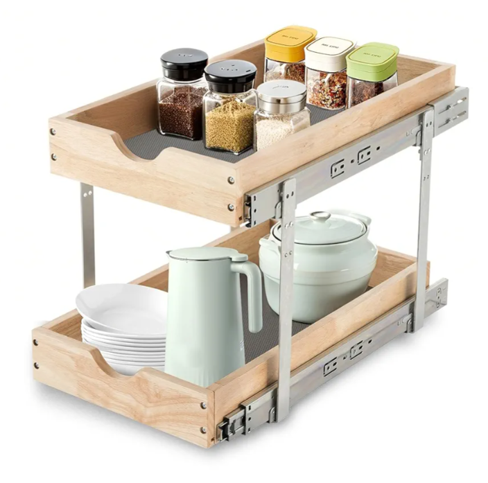 Pull Out Cabinet Organizer with Soft-Close Dampers 13.5" W x 21.7" D - 2 Tier Heavy-Duty Slide Out Drawers for Base Cabinets, Adjustable Height, Rear Stabilizer, Kitchen Bathroom Organization