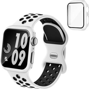 Sport Silicone Bands and Case with Screen Protector Compatible with Apple Watch Band 44mm/45mm/46mm/42mm/41mm/40mm for Men, Breathable Strap and Cover Combo for iWatch Series 11/10/9/8/7/6/5/4/SE (White Black)