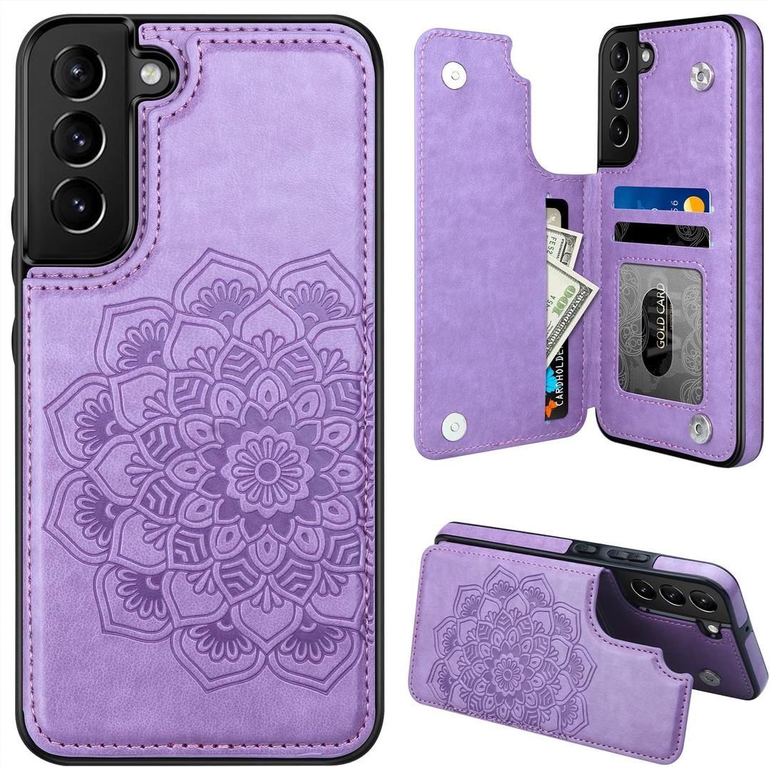 MMHUO for Samsung Galaxy S22 Case with Card Holder,Flower Magnetic Buttons Protective Wallet Cover for Women for Samsung Galaxy S22 5G (2022),Purple