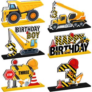 2 x 6 Pcs Construction Birthday Party Wooden Table Centerpiece Yellow Truck Construction Sign Wood Excavator Table Topper Decorations for Baby Shower Truck Birthday Party Supplies