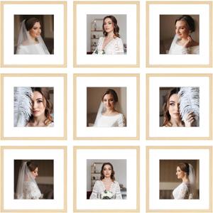 12x12 Picture Frame Set of 9, Display Pictures 8x8 with Mat or 12x12 without Mat, Multi Collage Gallery Square Photo Frames for Wall or Tabletop, Natural Wood