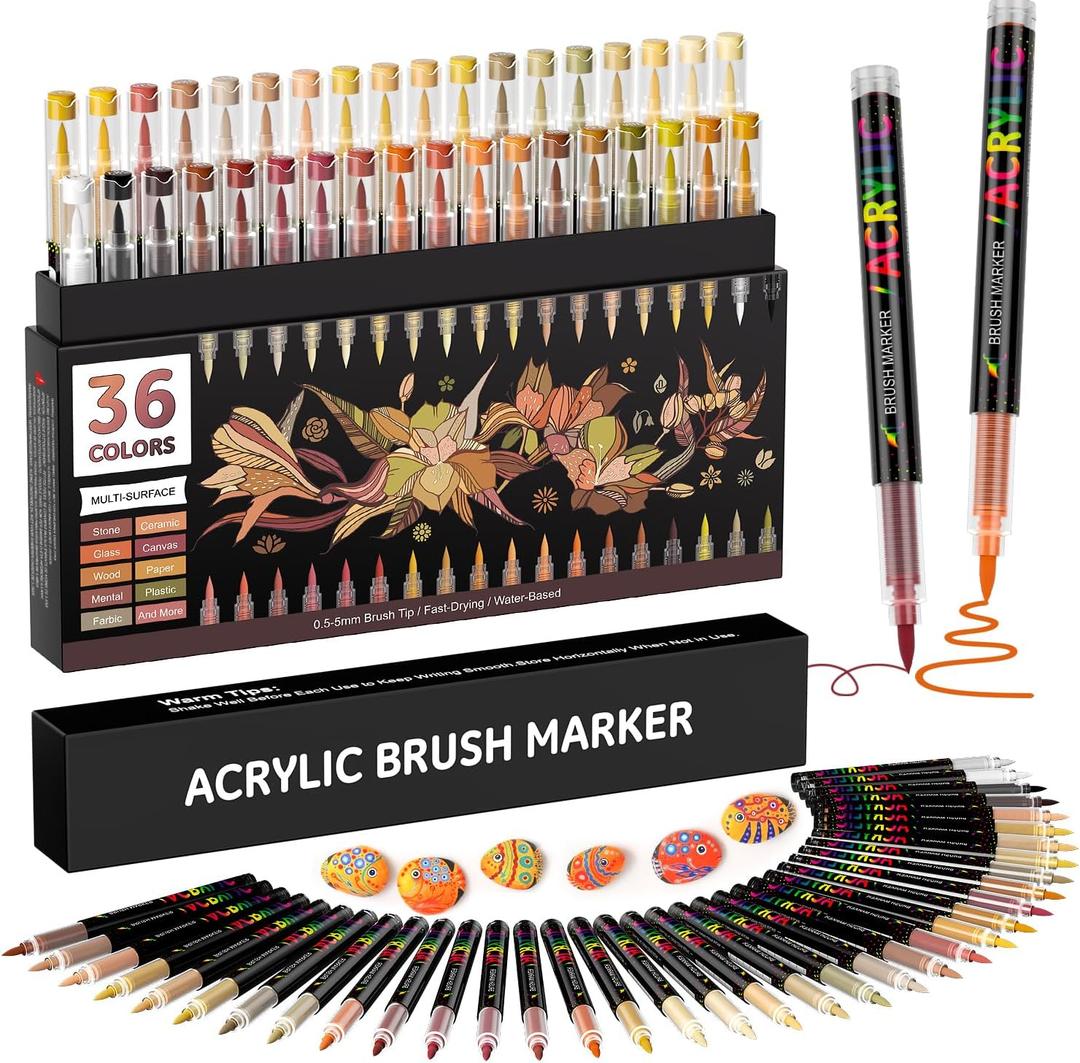 36 Brown Tones Colors Acrylic Paint Markers, Soft Brush Tip Paint Pens Paint Markers, Acrylic Paint Pens for Wood, Stone, Canvas, Glass, Fabric, Egg & DIY Crafts Art Supplies (Brown)