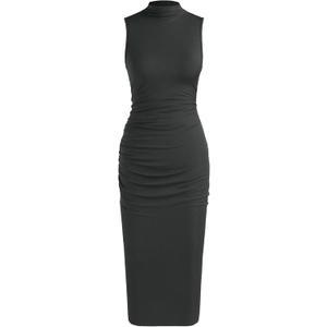 CIDER Bodycon Dresses for Women Mock High Neck Sleeveless Ruched Work Dress | Cocktail Elegant Midi Dress, Classic Summer Fall Outfits (M)