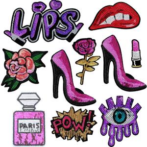Chuangdi 10 Pieces Purple Sequin Iron on Patches DIY Embroidered Patches Lips Lipstick High Heel Pow Sew on Applique Glitter Patch Clothing Repair Patch for Woman Garment Bag Caps Decor