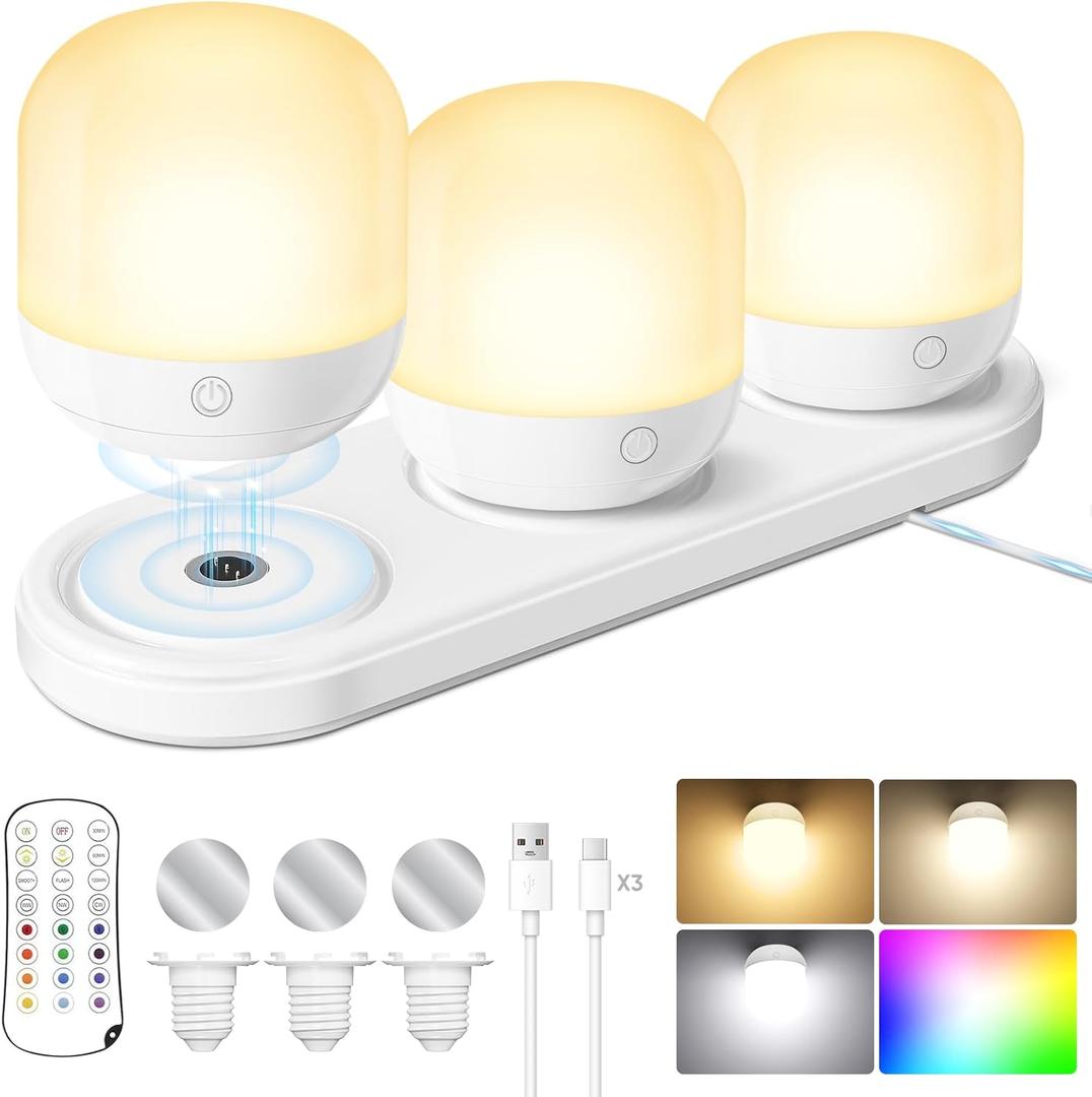 Rechargeable Battery Operated Light Bulb Set with Magnetic 3 in 1 Charging Station & Remote Control, Wireless Dimmable Detachable LED Bulb with 15 Colors Selectable for Wall Sconce, Non-Hardwired