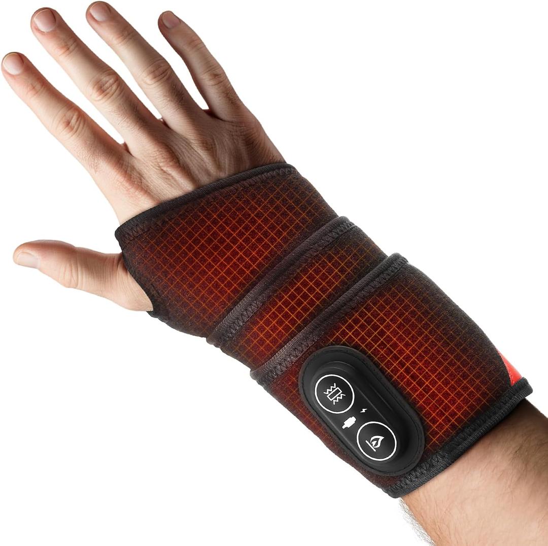 Cordless Wrist Heating Pad for Carpal Tunnel & Arthritis, Heated Wrist Brace with Vibration Massage Pain Relief, Adjustable Heated Wrist Wrap for Typing Office Home Women Men (Black Orange)