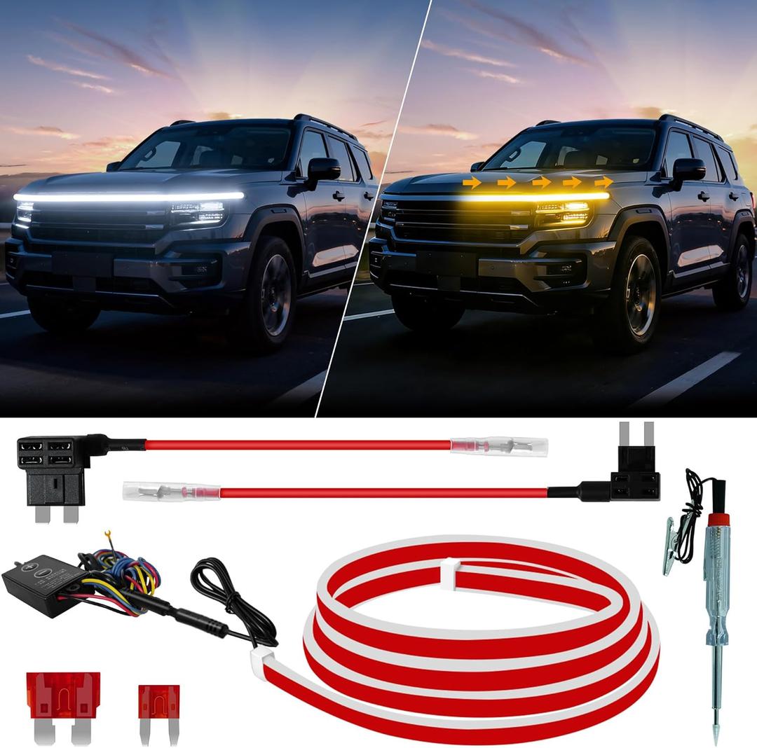 Sequential Dynamic Scan LED Hood Light Strip for Cars, Dual Color White DRL with Amber Turn Signal, Flexible Cuttable IP68 Waterproof Exterior LED Light, for Trucks SUVs Vans, 70inch 12V, 1 Set