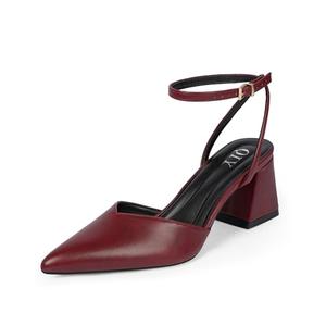 QIY Burgundy Heels for Women Closed Toe Wine Red Pointed Toe Heels for Women Ankle Strap Strappy Slingback Sling Back Short Low Chunky Block Heel Women's Pumps Dress Wedding Shoes Size 11