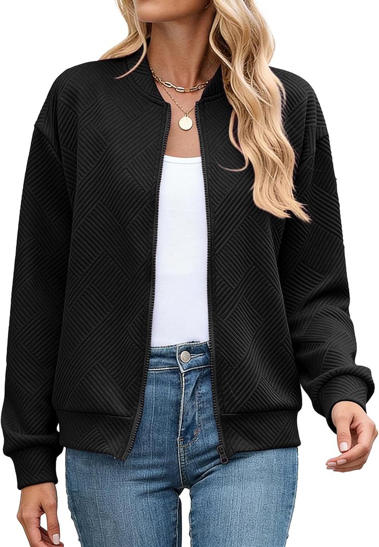Schine Women's Lightweight Textured Bomber Jacket Casual Loose Fit Zip Up Crew Neck Long Sleeve Soft Outerwear for Daily Wear (Black) Medium