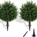 21" Artificial Cypress Topiary Outdoor Plants with Spike, 2 Pack Faux Cedar Bushes UV Resistant Fake Shrubs for Front Porch Dcor