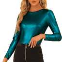 Allegra K Halloween Metallic Shirts for Women's Sparkly Disco Party Shiny Tops (X-Large, Blue)