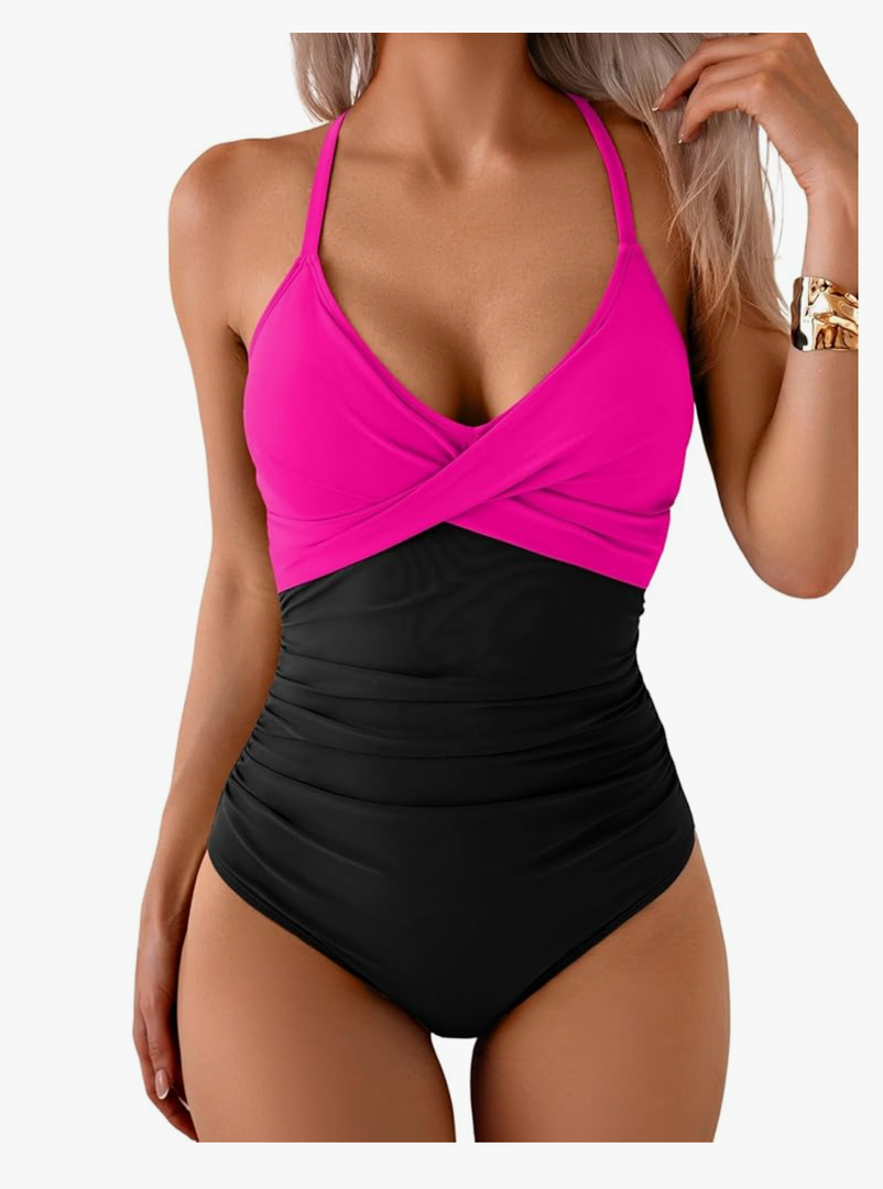 B2prity Women's One Piece Swimsuits Tummy Control Front Cross Bathing Suits Tie Back Slimming V Neck Swimwear, Size -Medium