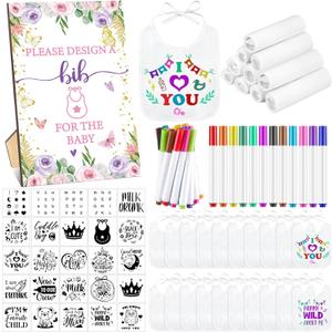 Panitay 100 Pcs DIY Baby Bibs Decorating Kit 50 White Bibs 25 Stencils 24 Fabric Markers 1 Baby Shower Game Sign