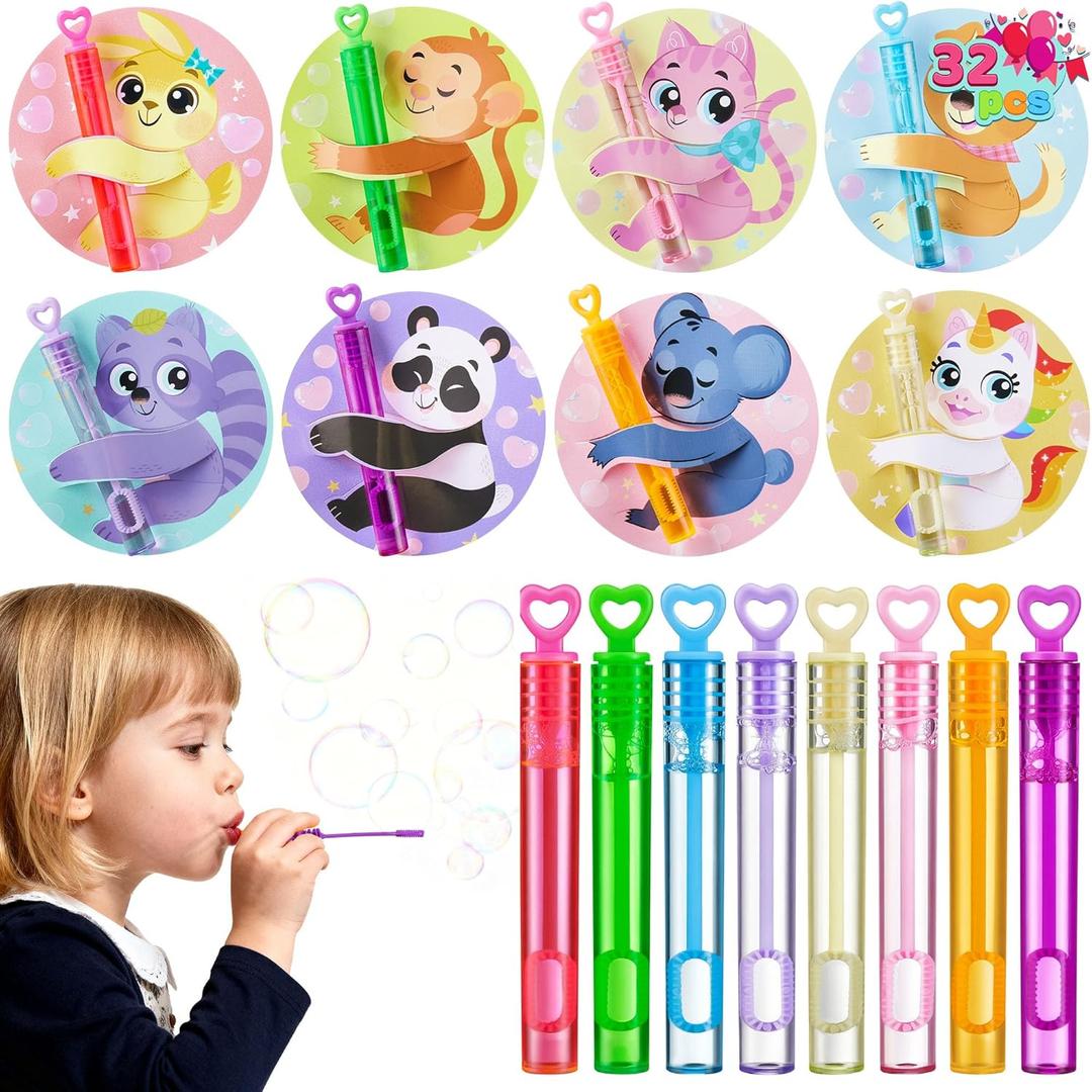 JOYIN 32 Pcs Valentine's Day Gift Cards with Mini Bubble Wands for Kids, Bubble Wands with Animal Themed Cards, Valentine's Day Gifts for Kids Classroom Prize Treats Party Favor Goodie Bag Stuffers