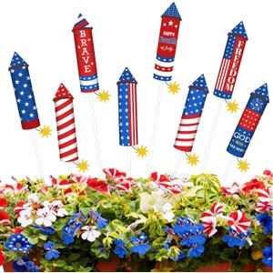 8 Pcs 4th of July Metal Firework Garden Stakes, American Flag Yard Sign, Patriotic Independence Day Memorial Day Decor for Outdoor Lawn, Yard, Garden, Walkway (Rockets)