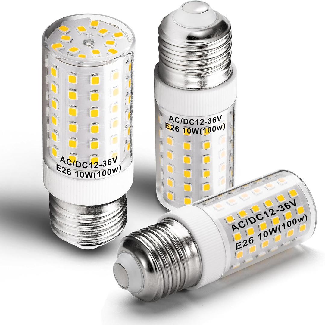 12V 24V E26 Medium Screw Base LED Bulb 10W 4000K Natural White 100 Watt Equivalent Incandescent Low Voltage AC12-36V/DC10-48V for RV Boat Landscape Solar Panel Project Lighting,1000lm,3 Pack