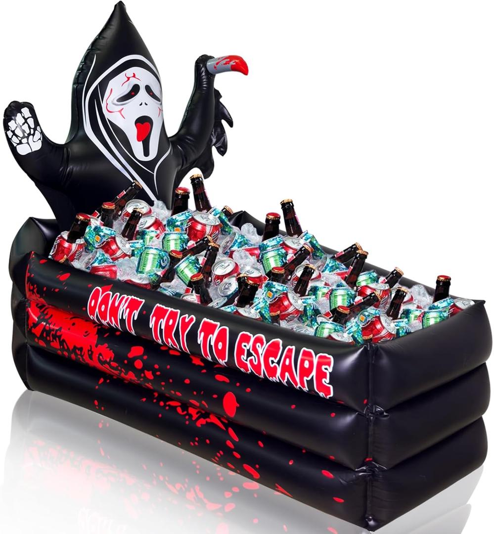 40 Inch Halloween Party Decorations Inflatable Cooler, 100+ Cans Halloween Party Supplies Large Capacity Scary Coffin Ghost Ice Bucket for Drink Beverage Holder, Halloween Decor for Outdoor Indoor